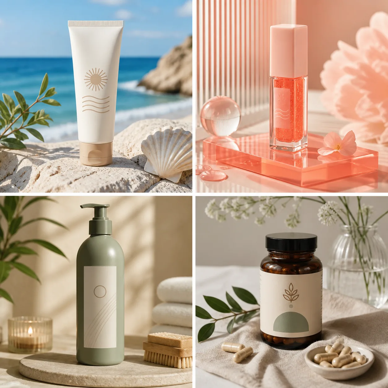 Four fictional beauty and wellness product advertising visuals