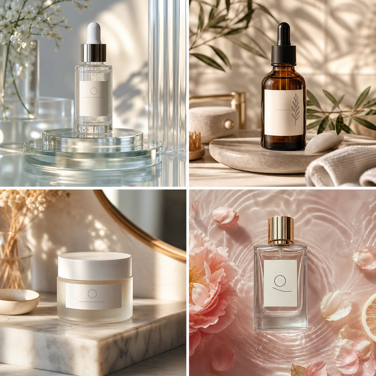 Four fictional skincare and fragrance product advertising visuals