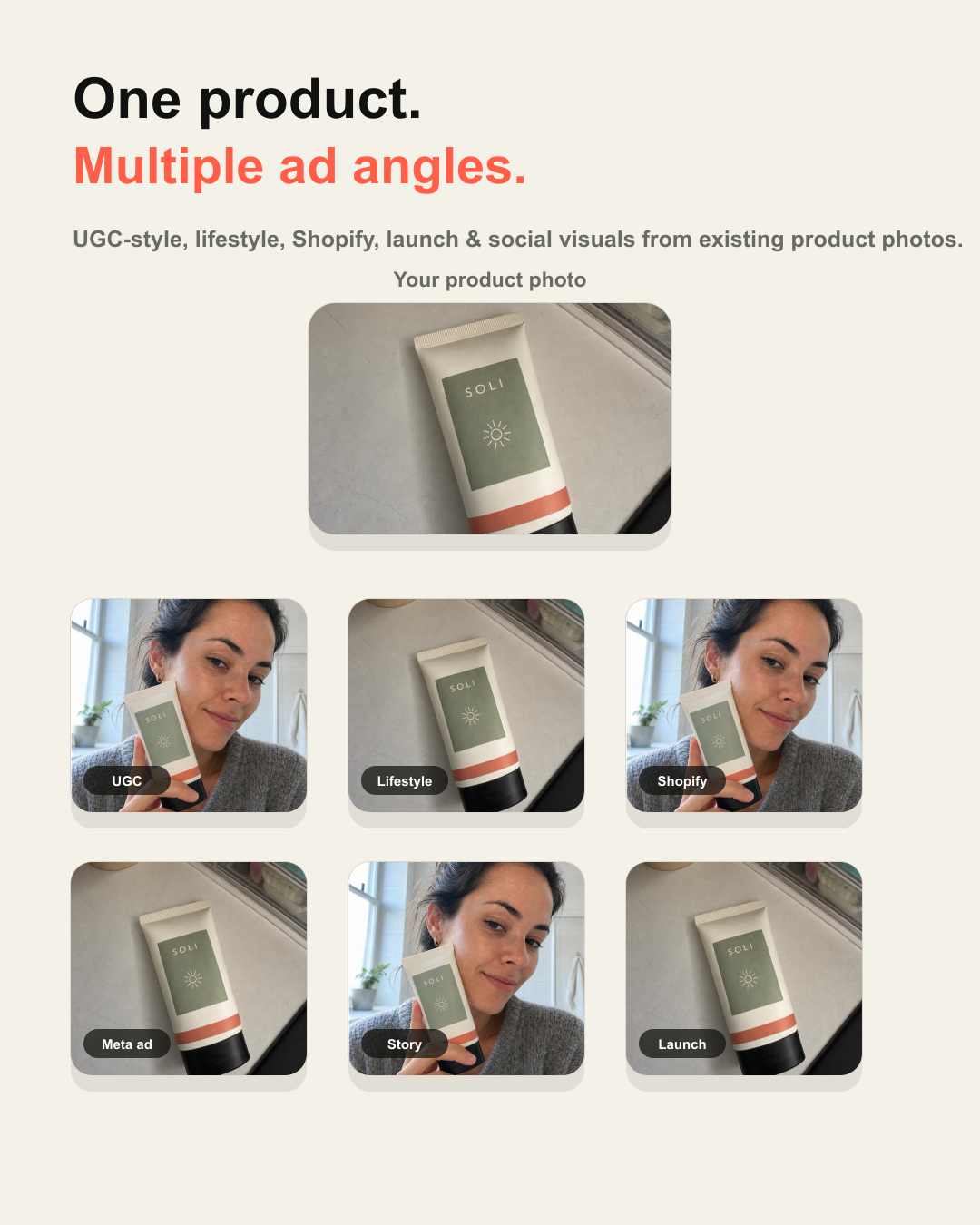 One product photo with multiple ad angle examples